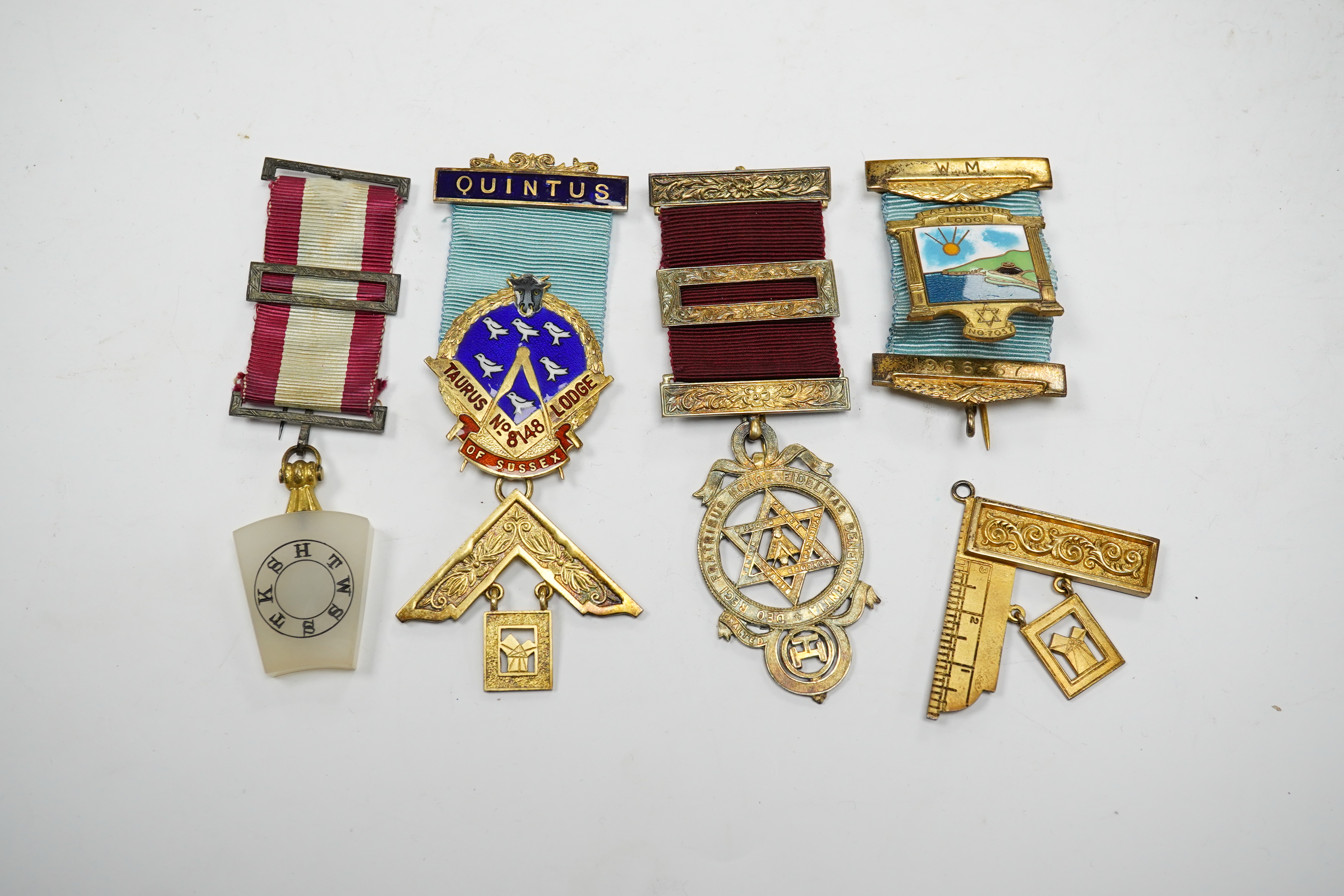 Masonic medals some silver gilt and enamel, to include Eastbourne Lodge and Taurus No 8148 Lodge of Sussex. Condition - fair to good